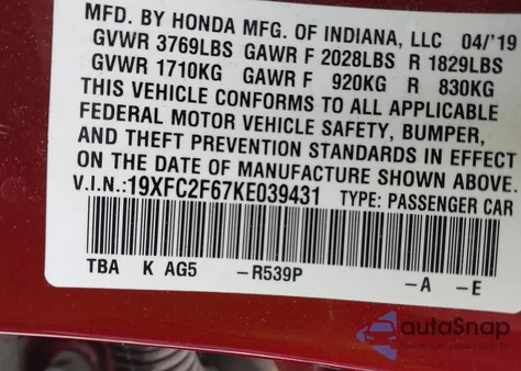 2019 Honda Civic Lx z USA, uszkodzony, nr VIN 19XFC2F67KE039431